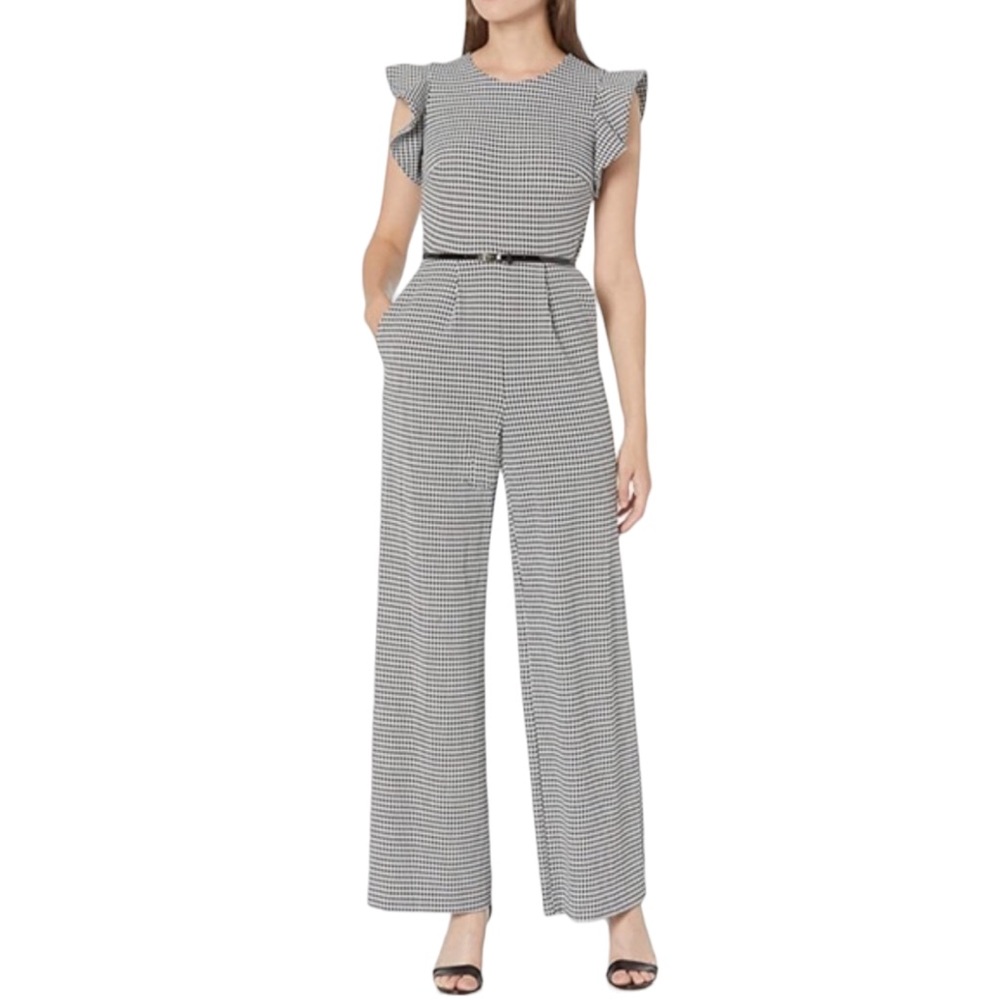 Calvin Klein Black White Houndstooth Flutter Sleeve Jumpsuit Size 4